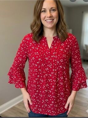 Red Printed Split-Neck Tunic with Pintuck Detail